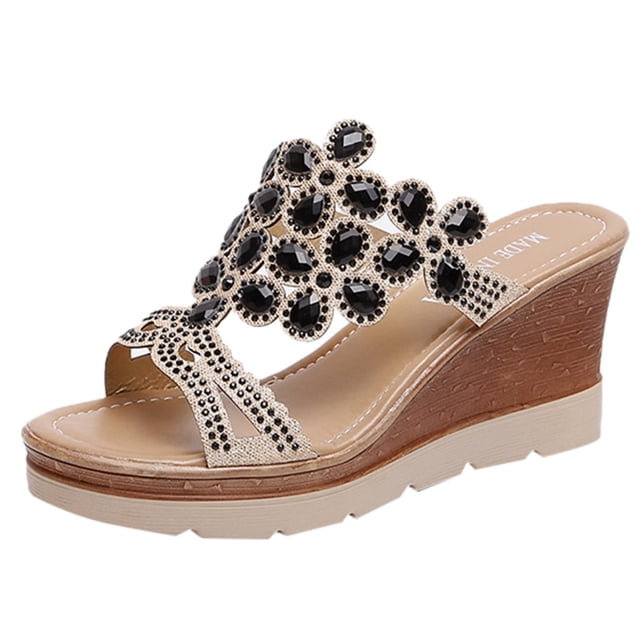 asddcavvf Women Summer Peep Toe Breathable Beach Sandals Rhinestone Slip-On Wedges Shoes