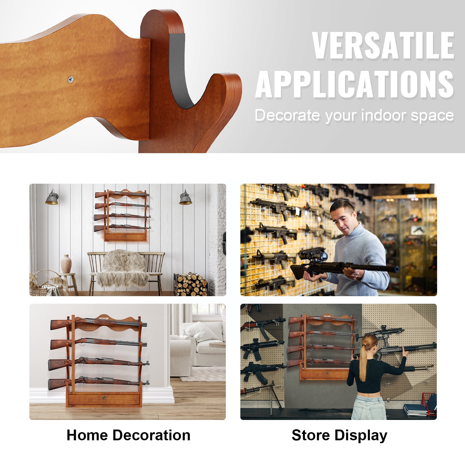 VEVOR Gun Rack, Wood Gun Rack Wall Mount, Gun Display Rack holds 4 Rifles, Shotguns, 132 lb Heavy Duty Wall Storage Display Rifle Rack with Soft Padding