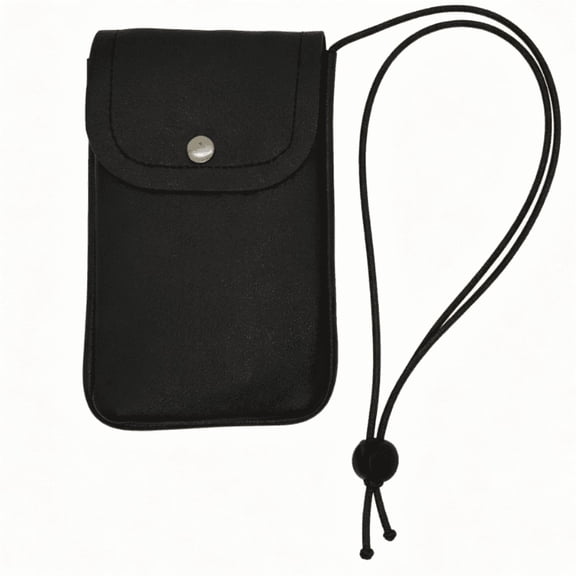 Cell Phone Pouch for Around the Neck Black PU Leather Necklace Holder with Adjustable Lanyard Flip Case and Carrier for Small Travel Purse and Credit Card Holder Hands-Free Mobile Bag