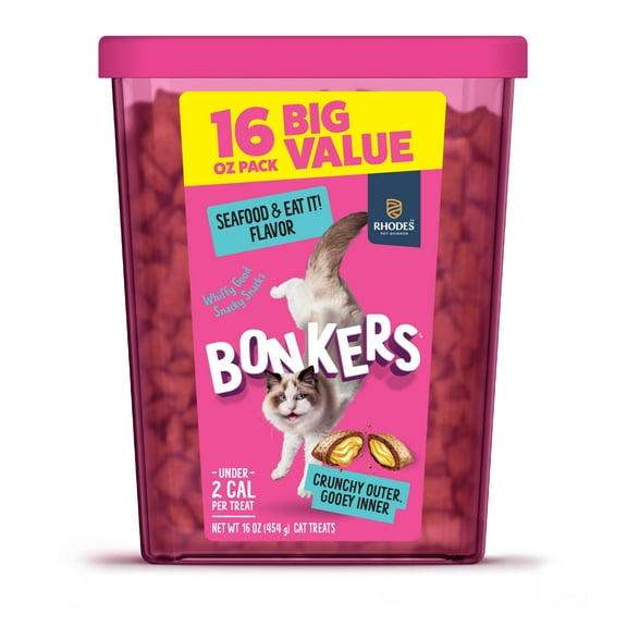 BONKERS Bites Seafood & Eat It Flavor Crunchy & Soft Treats for Cats, 16oz Tub