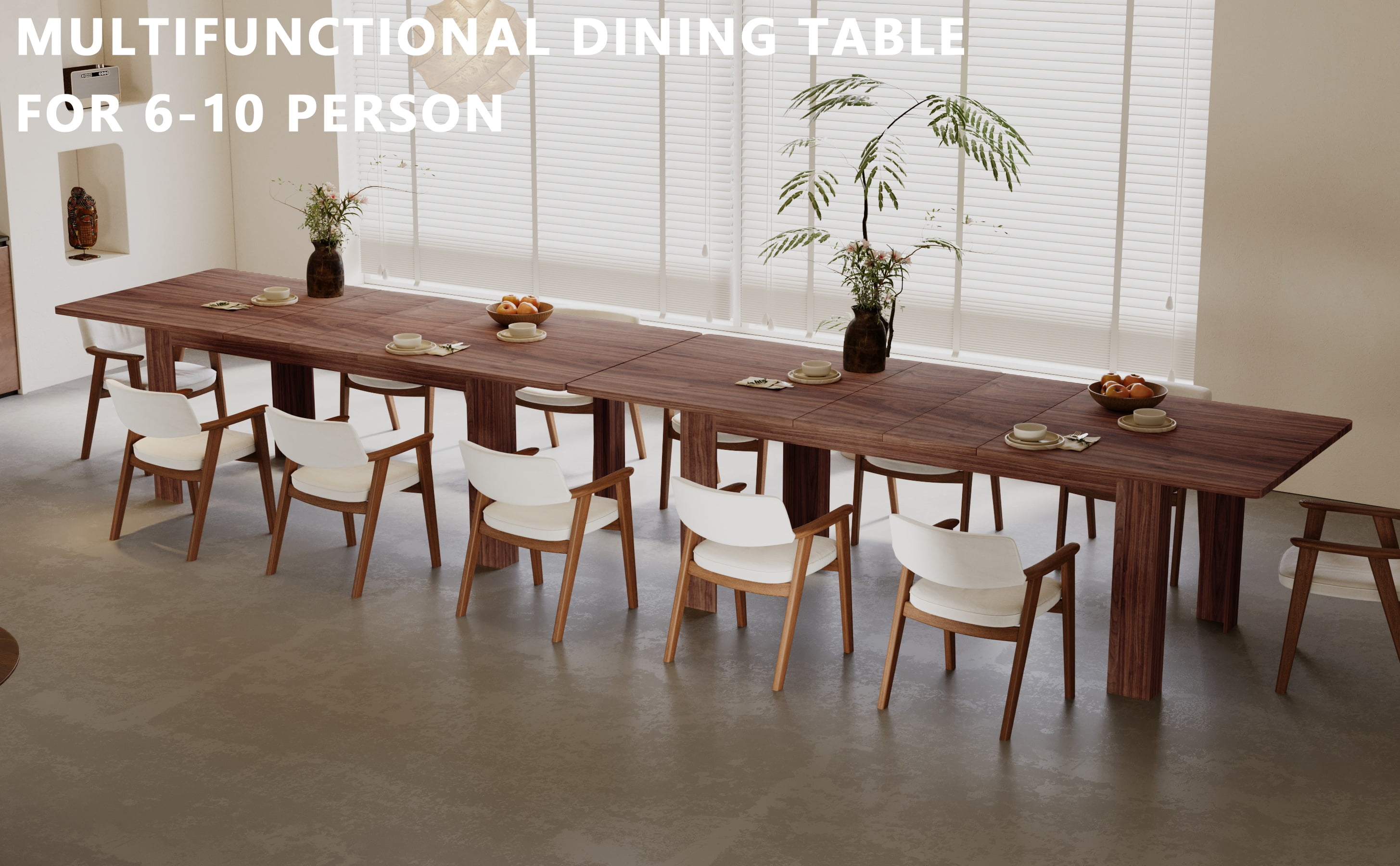 JassmiPkwy Solid Wood Extendable Dining Table for 4-8 People with Seamless Extension from 55 to 86.6 Inches for Small Spaces, Dining Room, Kitchen, Living Room-Brown