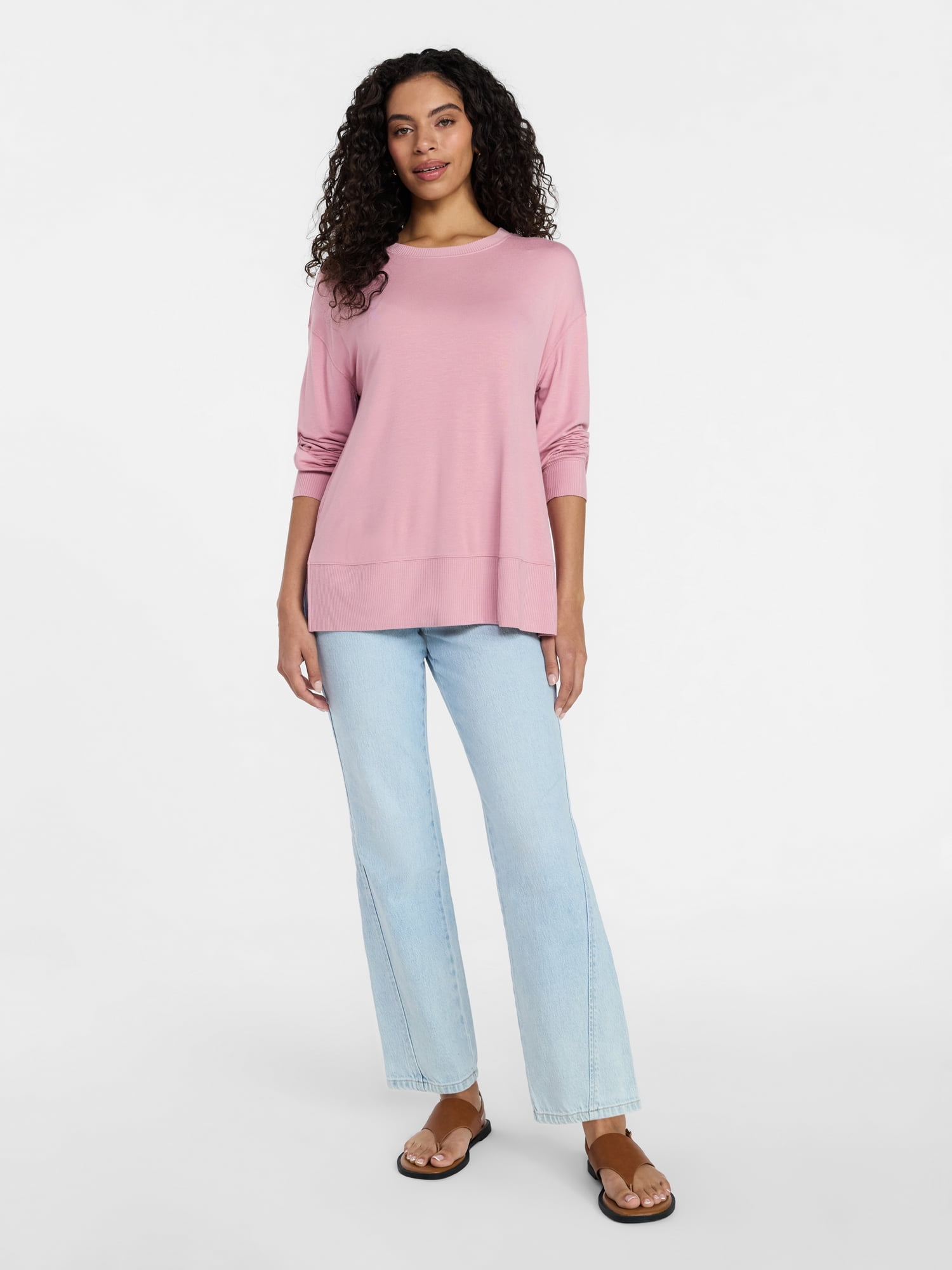 Time and Tru Women's French Terry Tunic Top with Long Sleeves, Sizes XS-XXXL