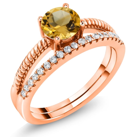 Gem Stone King 18K Rose Gold Plated Silver Yellow Citrine Engagement Engagement Ring for Women (0.99 Cttw, Gemstone November Birthstone, Round 6MM, Size 6)
