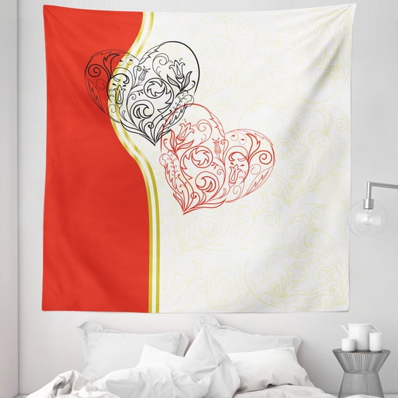 Asymmetrical Tapestry, Romantic Themed Graphic of Curlicue Floral Hearts Love Couple Valentines, Fabric Wall Hanging Decor for Bedroom Living Room Dorm, 5 Sizes, Vermilion Cream, by Ambesonne