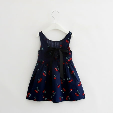 

THE WILD Girls Dresses Leisure Ruffled Bowknot Printed O-Neck Sleeveless Midi Prom Dress Navy