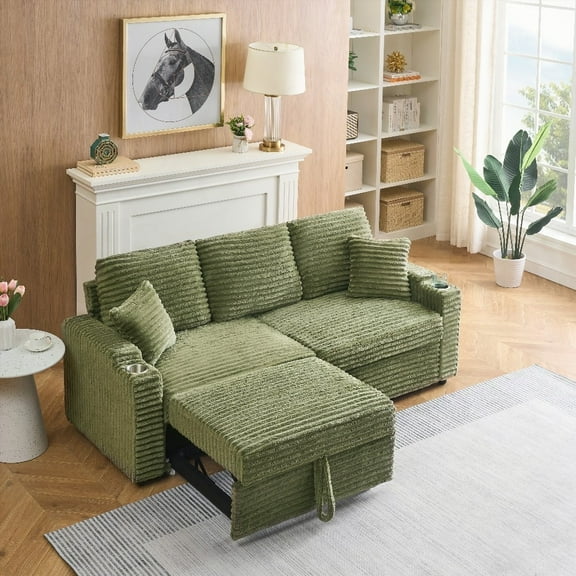 Green 80-inch Two-in-One Folding Sofa - Corduroy, Foldable, Hidden Lying, Cup Holder & Pillow, Living Room Adaptable