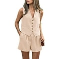 thumbnail image 2 of Women'S Summer 2 Piece Outfits Sleeveless Matching Sets Button Down V Neck Vest Waistcoat and Pockets Shorts S, 2 of 9