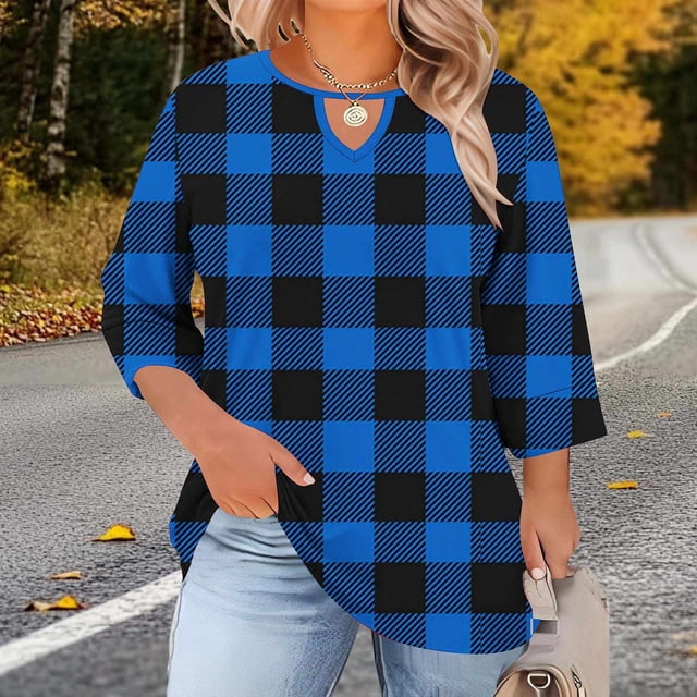 Ounisa T-Shirts à Manches 3/4 pour Femmes Grande Taille, Col Ras du Cou, Découpes sur la Poitrine, Imprimé Intégral, Décontractés, Basiques, Superposition, pour le Printemps et l'Été, L-5TG