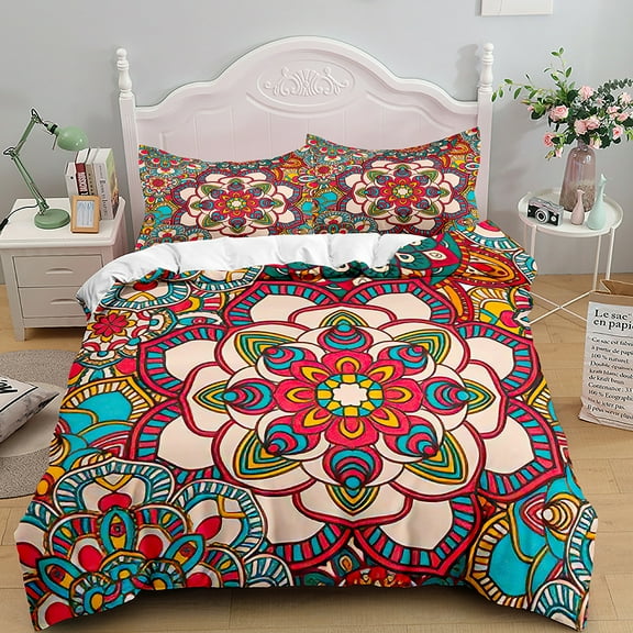 Bohemian Mandala Duvet Cover Set King/ Size Red Abstract Boho Lotus Bedding Set Women Exotic Floral Polyester Quilt Cover