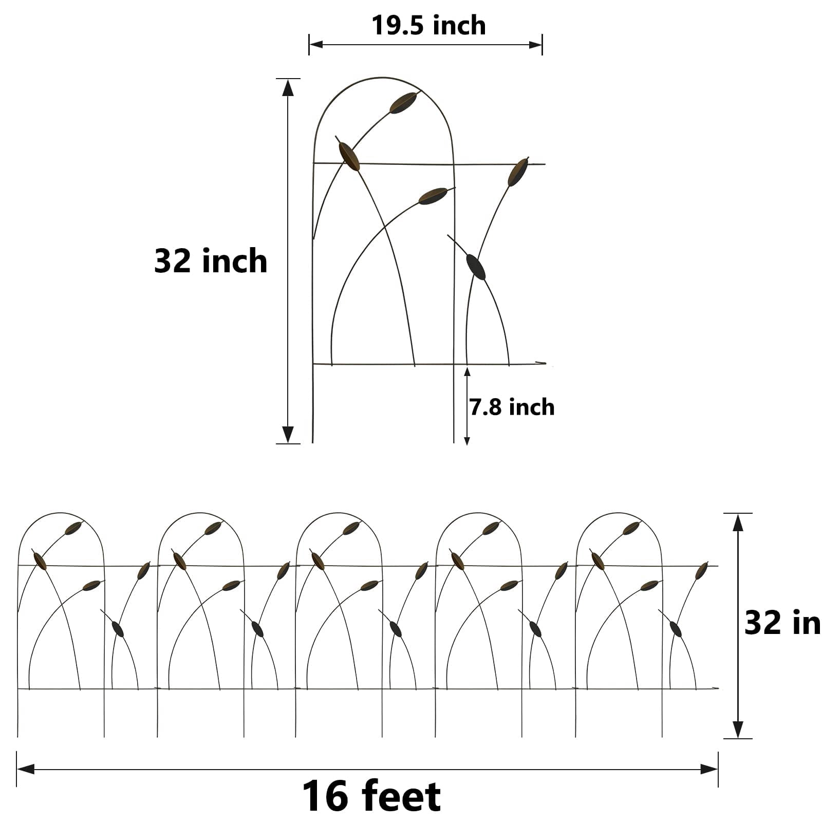 Metal Decorative Garden Fence Border, 32 in.H x 19.5 in.W (10 Panels, Total Length 16 feet) No Dig Fence Rustproof Wrought Iron Landscape Fencing for Flower Bed, Trees, Black