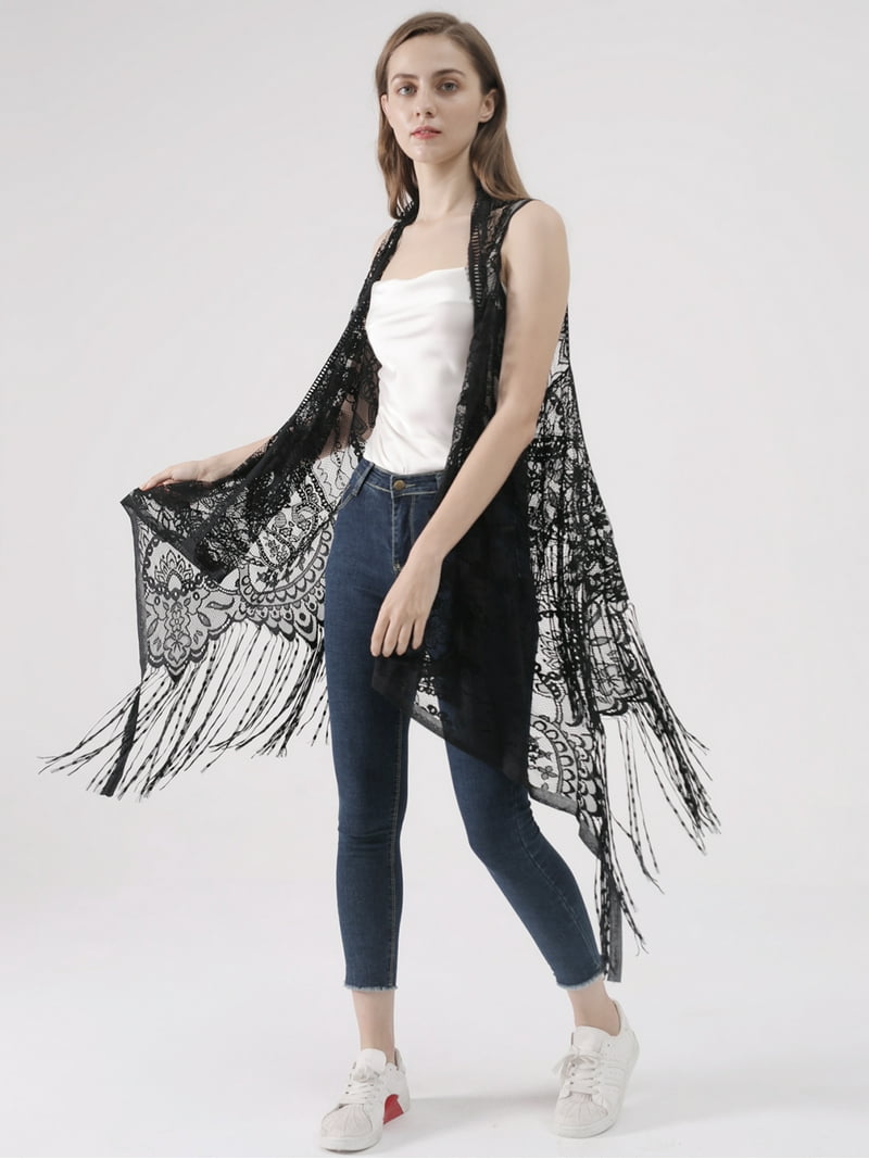 Women Lace Sleeveless Long Tassels Vest Crochet Cardigan Open