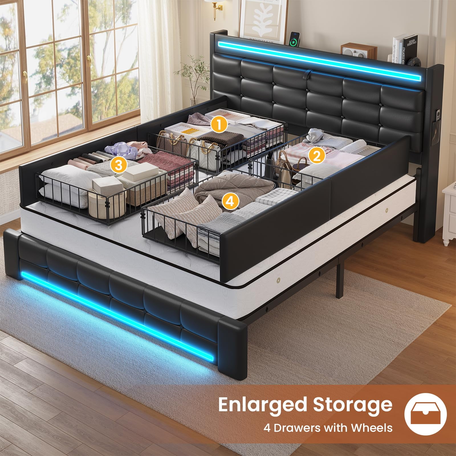 Full Size Upholstered Bed Frames with Headboard & Drawers, Platform Bed Frame with LED Light and Charging Station, Storage,No Box Spring Needed, Easy Assembly, Black PU