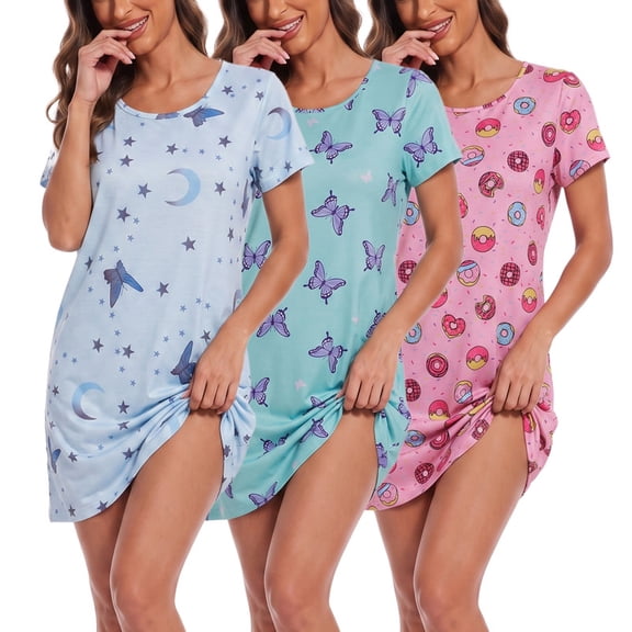 3 Pack Womens Nightgowns Short Sleeve Nightshirts Casual Sleepwear Soft Sleepdress Plus Size S