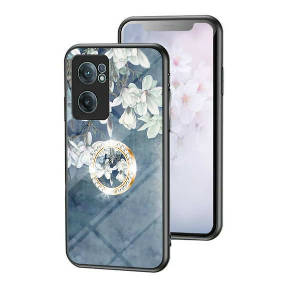 Nalacover for OnePlus Nord CE2 5G Slim Case,Exquisite Floral Pattern 360 Rotating Diamond Ring Holder Anti-Scratch Soft TPU Silicone Bumper Rubber Tempered Glass Back Cover.Rose Flower