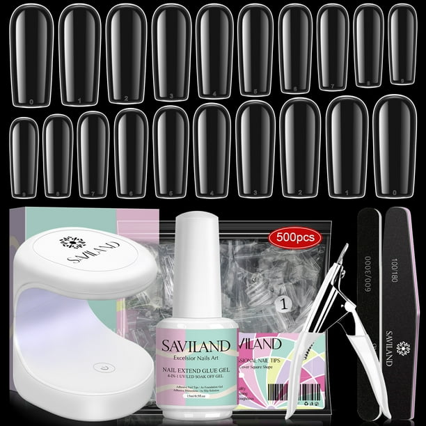 Saviland Nail Tips and Glue Gel Kit 500pcs Long Press on Nails Clear Fake Square Nails Tips