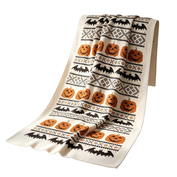 Halloween Pumpkins and Bats Cotton Knit Throw, Multicolor, 50" x 60", Soft Warm Decorative Knitted Blanket For Sofa Bed Couch Home Decor