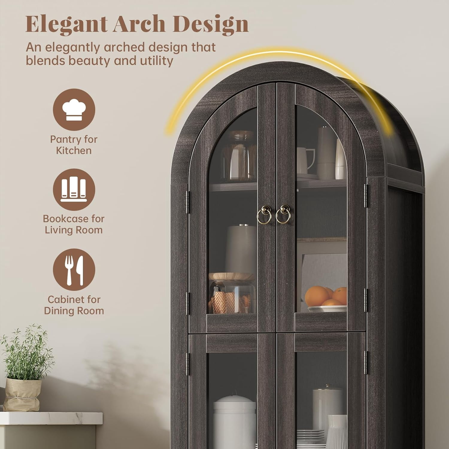 71” Tall Arched Cabinet with Acrylic Glass Door, Modern Curio Arched Bookcase W/Drawer, Display Cabinet Organizer, Kitchen Pantry with Top-Opening Storage Container for Living Dining Room
