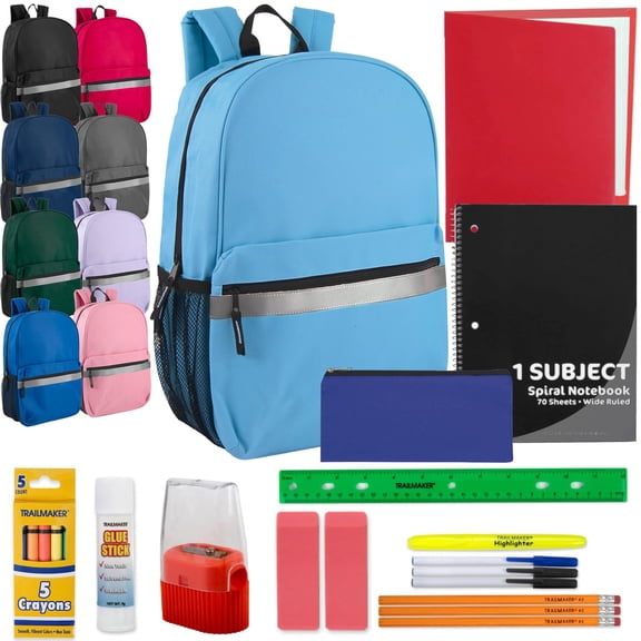 24 Pack Bulk Reflective Backpacks with School Supplies, Side Water Bottle Pockets, Padded Straps - Assorted Solid Color Backpacks