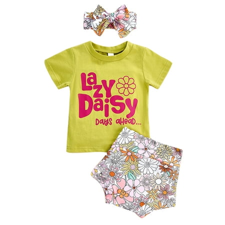 

Voguele Toddler Top+Shorts+Headband Letter Printed Summer Outfits Floral Print 3 Pieces Outfit Clothes Shorts Set Cute Green 90cm