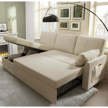 Merluxy Pull Out Couch, Sleeper Sofa with Storage Chaise, L Shape Couch for Bedroom, Beige Chenille