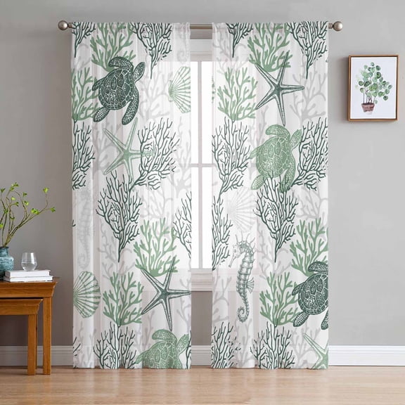 Sage Green Coastal Sheer Curtains 72 Inch Length 2 Panels Set for Living Room/Bedroom, Sea Turtle Nautical Coral Summer Beach Curtain Sheers Drapes Rod Pocket Curtains Window Treatment 52''x72''x2
