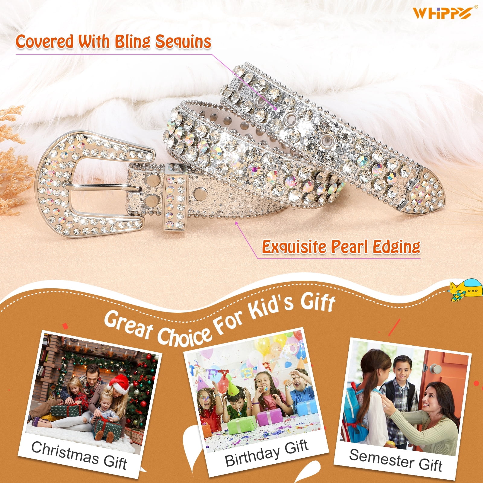 WHIPPY Kids Rhinestone Western Belt for Girls Boys, Studded