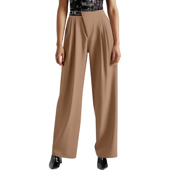 HJYCHN Women Elevated High Waist Wide-Leg Trousers Straight Leg Pants with Functional Pockets Comfortable Business Casual Pants Khaki M