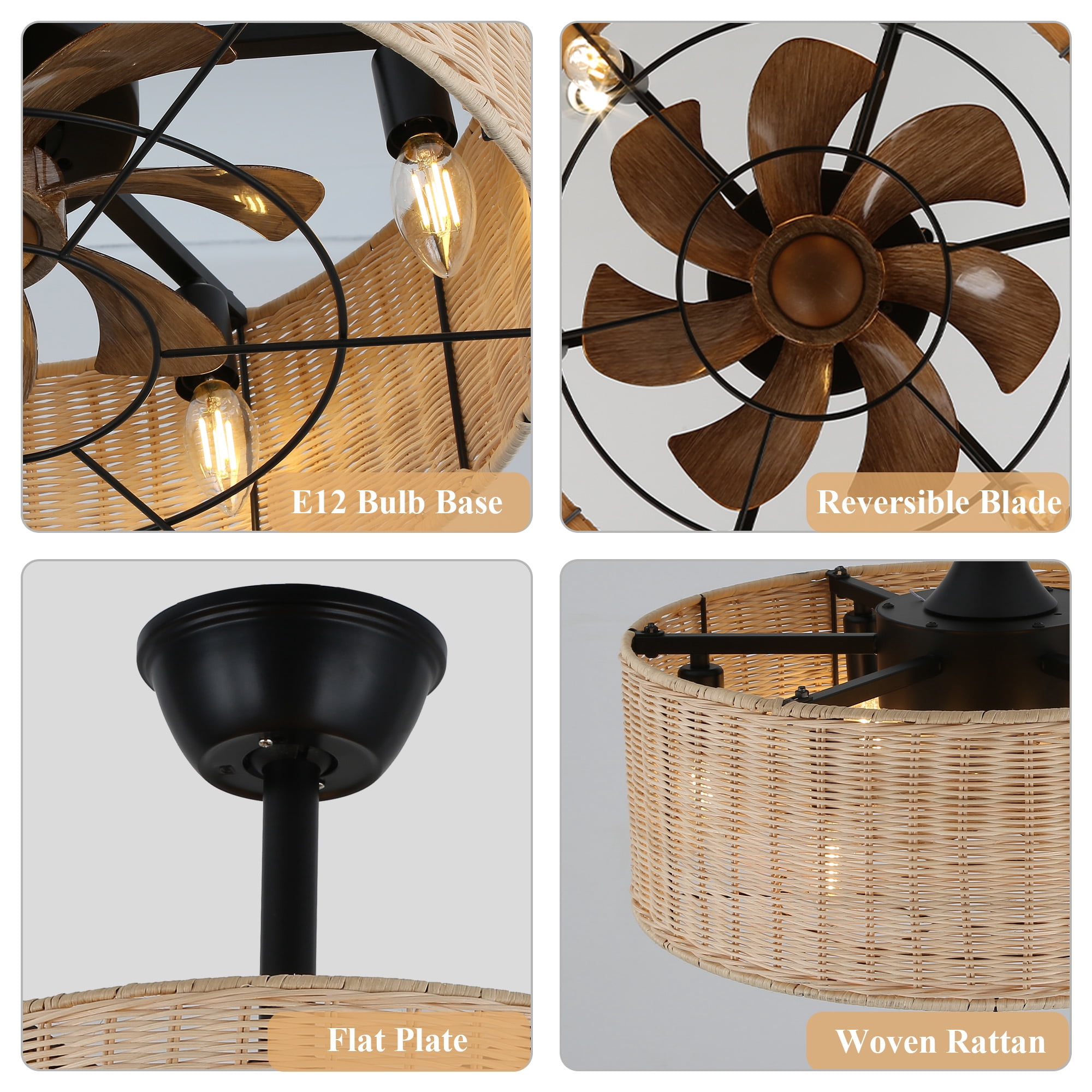 Cusp Barn 18" Rattan Caged Ceiling Fan with Light Fandelier Ceiling Fan for Bedroom, Remote Control, 3-Speed, E12 Bulb, Black