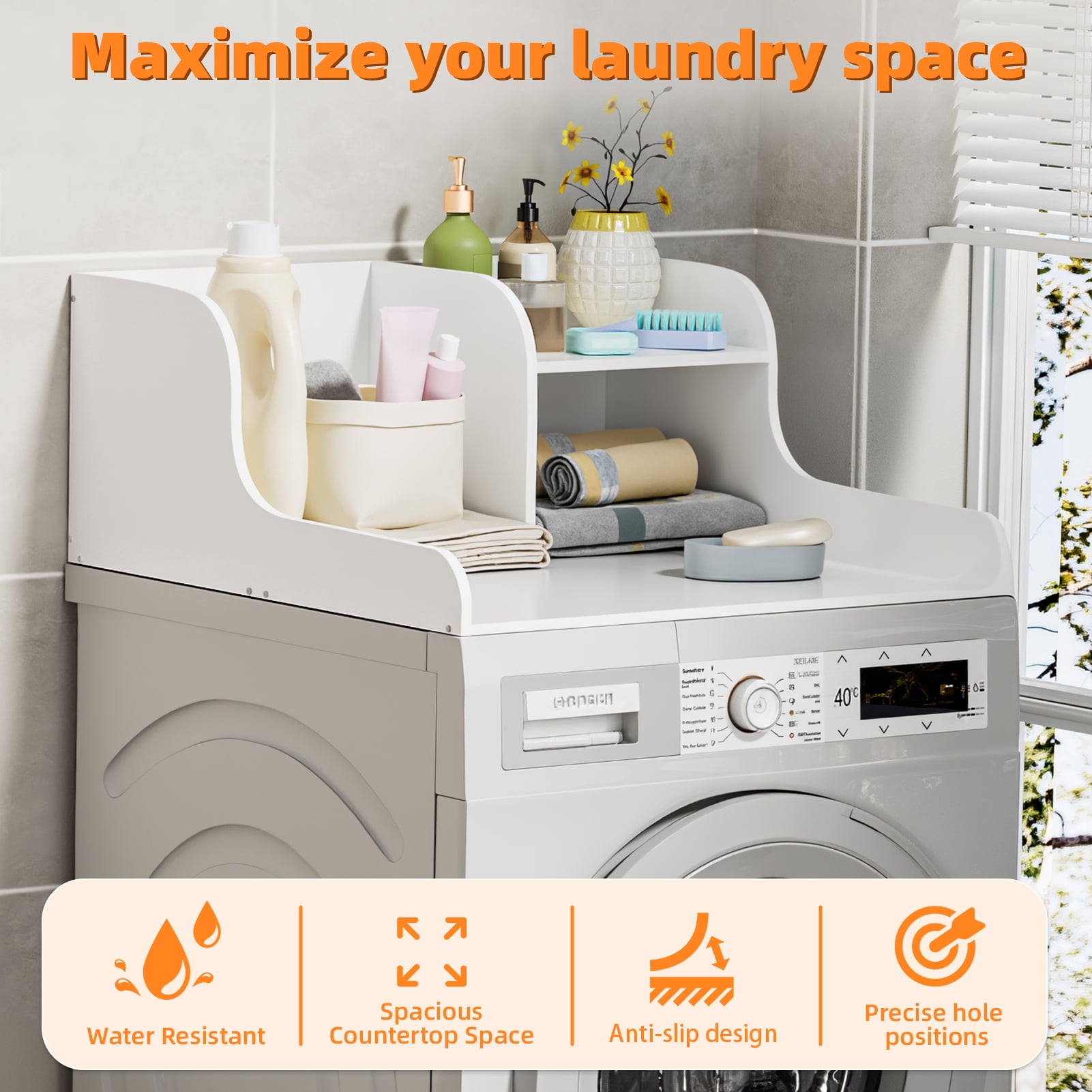 Universal Laundry Washer & Dryer Countertop,Storage Rack, 110lb Load Capacity, 27.5" Wide Folding Surface with Anti-Slip Silicone & Rails, Easy DIY Assembly