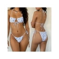thumbnail image 3 of Yunliwuli Women 2 Pieces Bikini Swimsuits Floral Print/Solid Color Tie-Up Halter Neck Padded Bra Thong Bottoms Beach Bathing Suit Set, 3 of 10