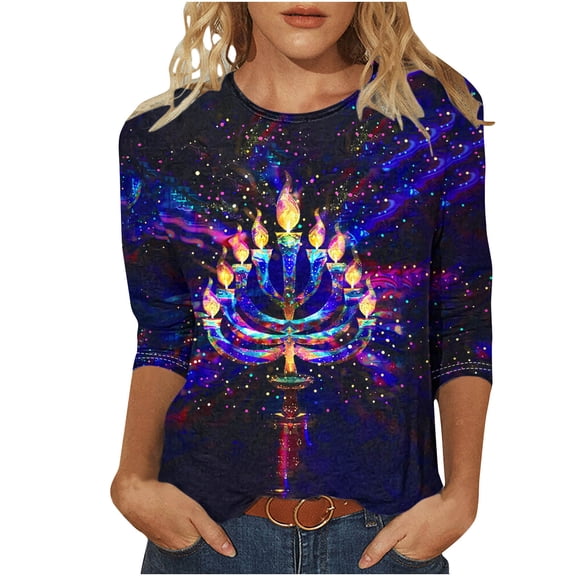 successthop Womens Hanukkah Shirt Candle Jewish Plus Size Oversized T Shirt Lightweight Crewneck 3/4 Sleeve Blouse Top