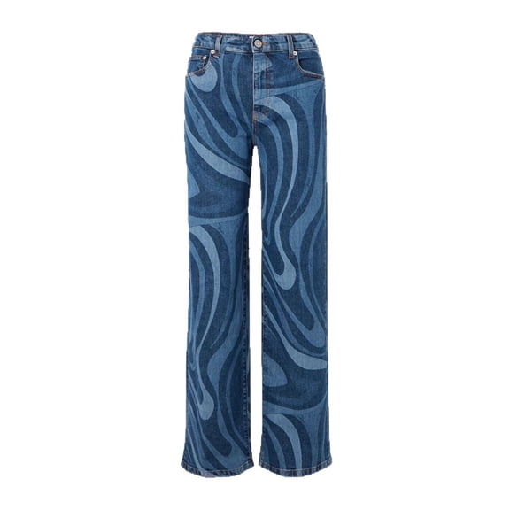 Women’s Wave Print Straight Leg Jeans, Casual Denim Pants