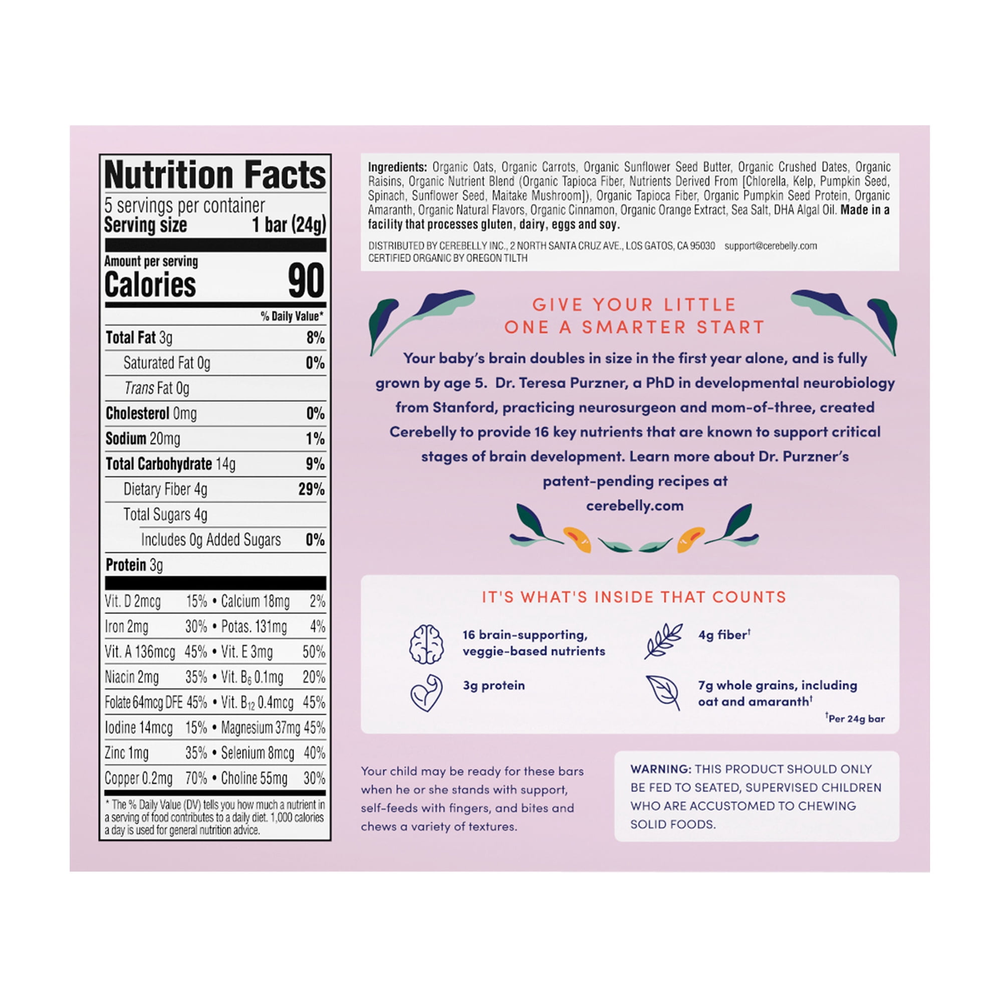Cerebelly Organic Toddler Snack Bars, Carrot Date, 5 Count