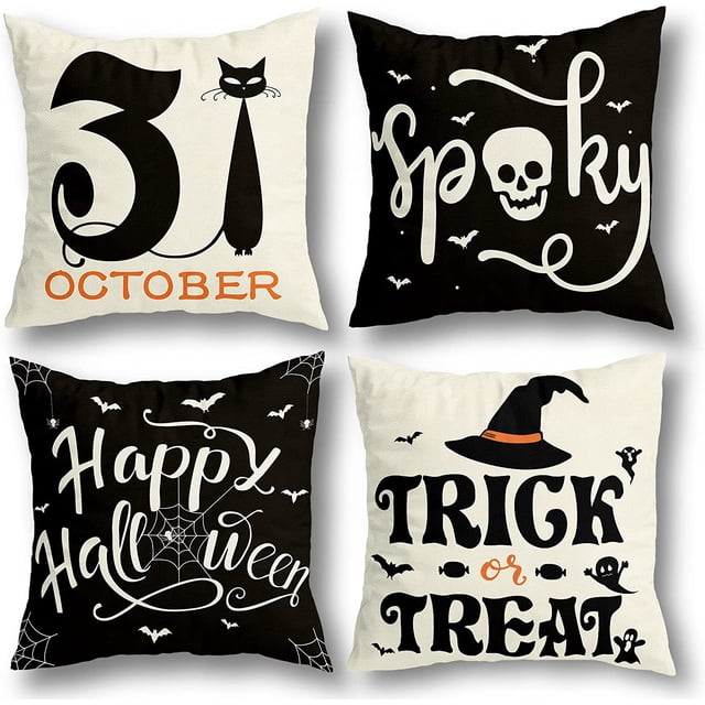 Juego de 4 fundas de almohada para decoración de Halloween, 18 x 18, para decoración de Halloween, interiores y exteriores, suministros para fiestas, decoración del hogar, funda de almohada, telaraña, gato, calavera, fantasma, decorativa Rojo Verde