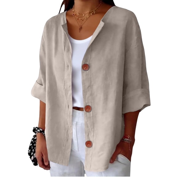 Daiosportswear Women'S Summer Loose Shirt V-Neck Cotton Linen Button Top Open Front Shirts,3/4 Length Sleeve Womens Tops Beige S(S)