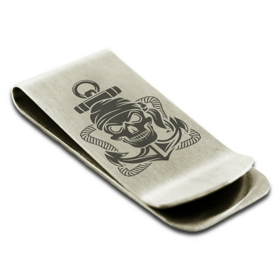 Stainless Steel Jolly Roger Pirate Skull Rope & Anchor Engraved Money Clip Credit Card Holder