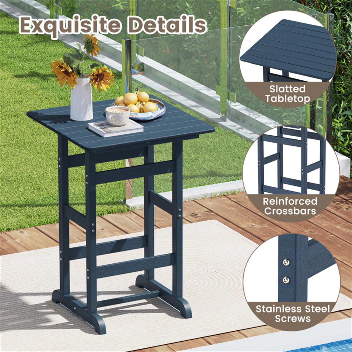 Demi Bonn 30" Square Bar Table Dining Table with Slatted Tabletop for Poolside for Balcony Patio Garden Poolside, Blue