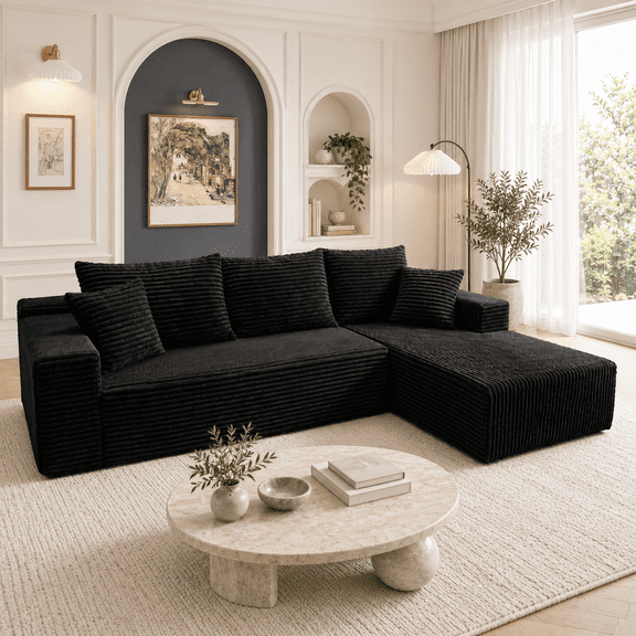 96" Modular Couch for Living Room, Boneless Sectional Sofa with Chaise, 3-Seater Corduroy Comfy L-Shaped Sofa with Storage, No Assembly