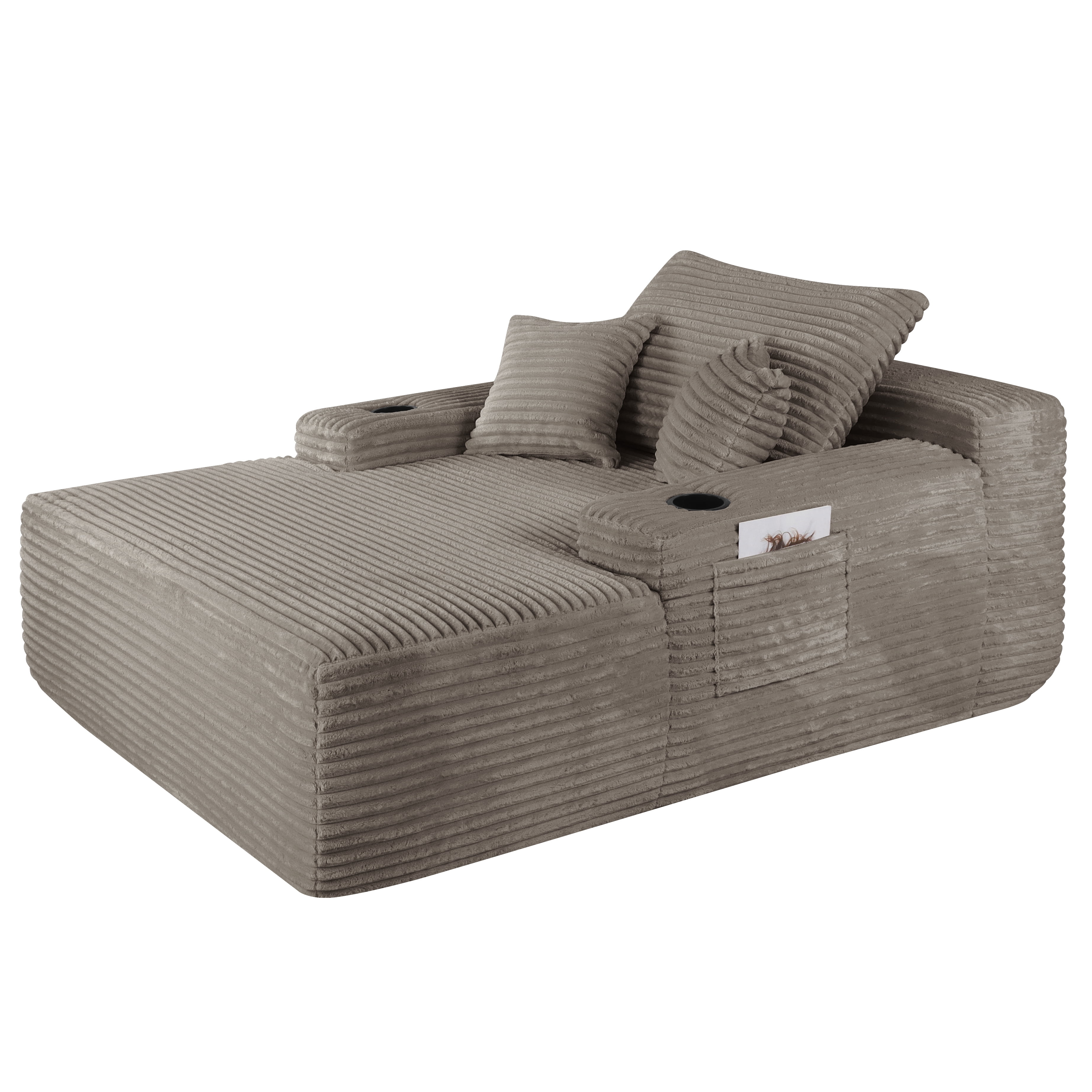 65" Oversized Chaise Lounge Chair with Wide Armrest & Throw Pillows,Corduroy Upholstered Boneless Sleeper Sofa Bed Armchair with Cup Holder for Living Room,No Assembly Required,Grey Brown