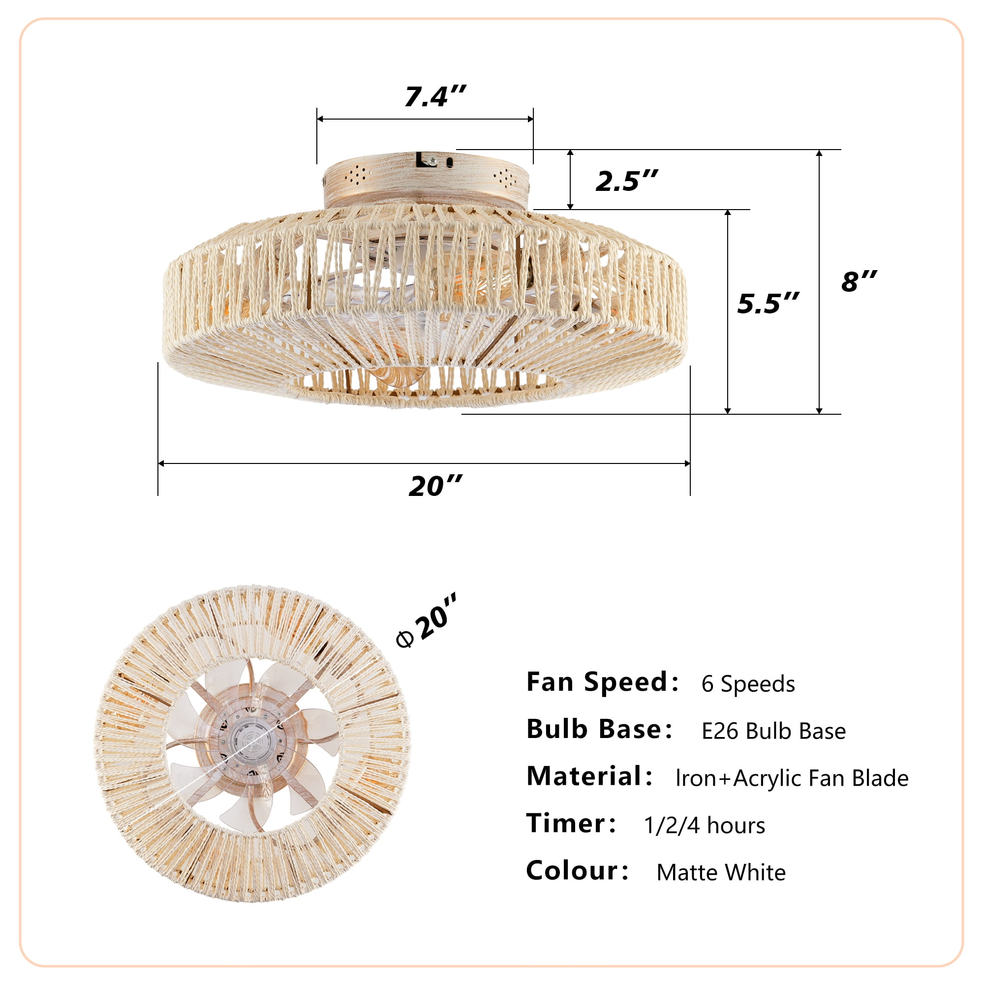Leumius 20" Rope Caged Ceiling Fans with Light and Remote, Low Profile Chandelier 6 Speed DC Motor Reversible Ceiling Fan for Living Room Bedroom Matte White (NOT Included Bulbs)