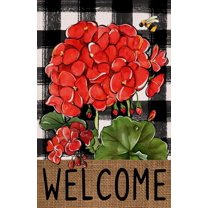 Rdsfhsp 12" x 18" Welcome Spring Geranium Garden Flag, Double-Sided Flower Buffalo Plaid Outdoor
