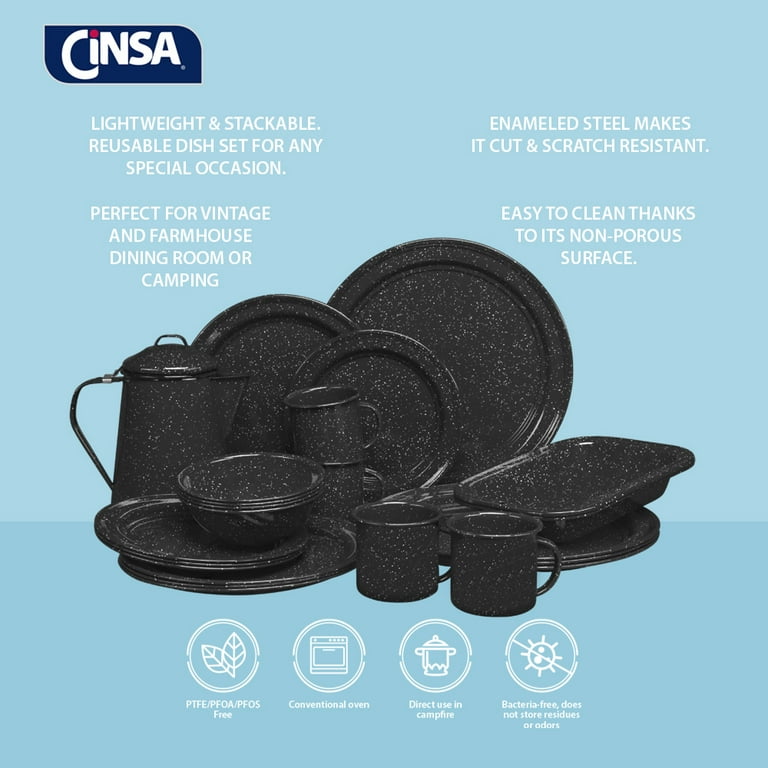 Cinsa 23-Piece Enamel on Steel Dinnerware Set - Set Includes: Coffee Pot,  Serving Platters, Mugs, Plates & Bowls.