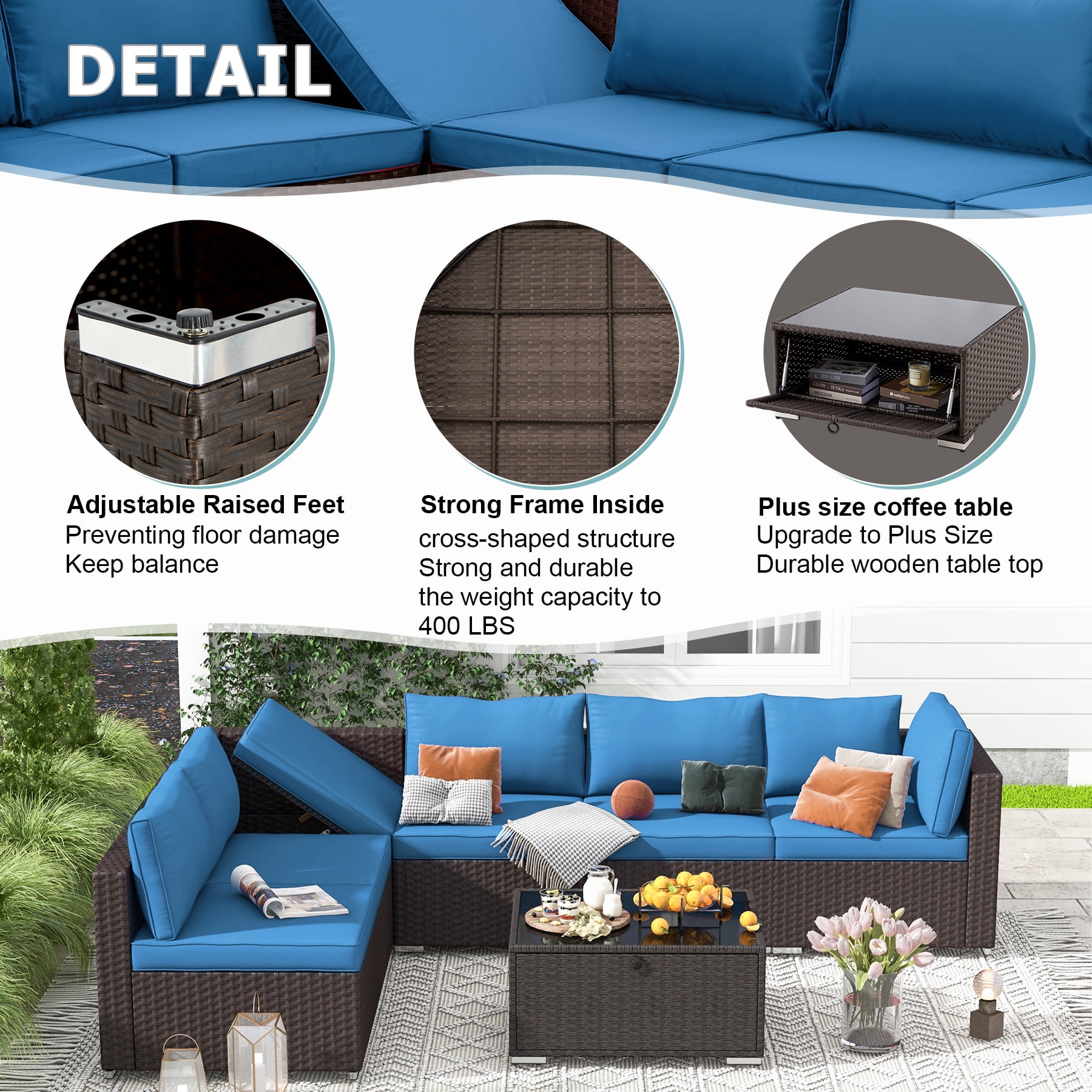 HOMREST 7-Piece Rattan Wicker Outdoor Sectionals with Adjustable Bracket, Blue