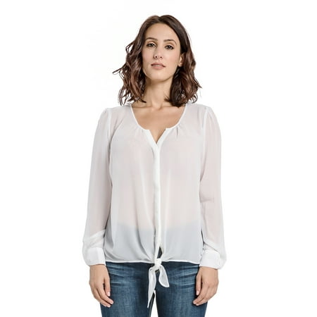 Tie Front Chiffon Blouse - Miss Halladay Women Chiffon Woven White Blouse Front Tie Lantern Like Sleeves