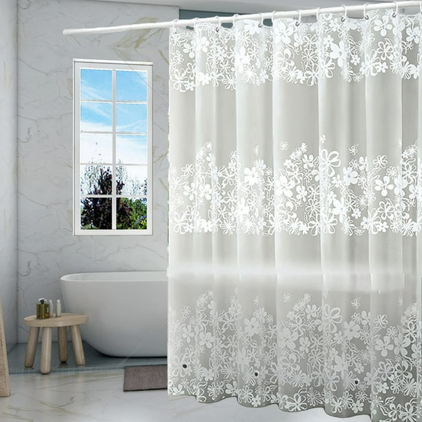 Cortina de ducha de PEVA, impermeable, de plástico, con ojales (flor blanca), 1,8 m x 1,8 m