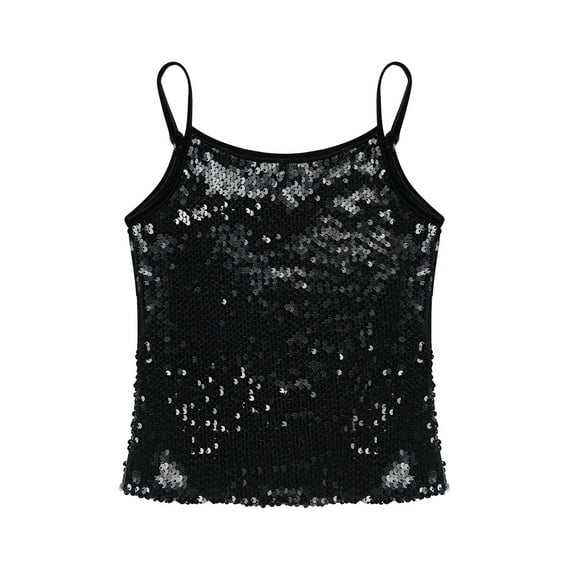 Hansber Kids Girls Sparkly Sequin Tank Top Camisole Adjustable Straps Dance Tops Black 16