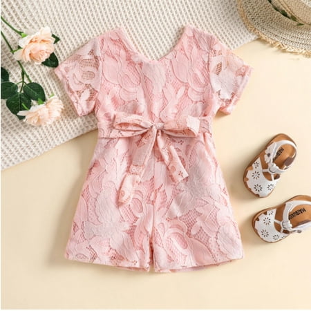 

NIUREDLTD Toddler Kids Girls Soild Lace Hollow Out Short Sleeves Bowknot Romper Jumpsuit Shorts Cloths