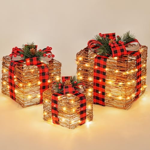 A Set of Three-Piece Christmas Lighting Gift Boxes 12.2in,Battery&USB Operated LED Light Imitation Rustic Rattan Gift Boxes with Bow Christmas Holiday Party Farmhouse Xmas Decorations,3 Sizes