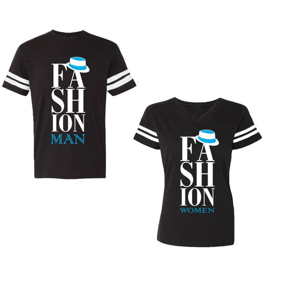 Fashion Man Woman Unisex Couple Matching Cotton Jersey style T-Shirt Contrasting stripes on sleeves (Men Black / Women Black) (Men S / Women S)