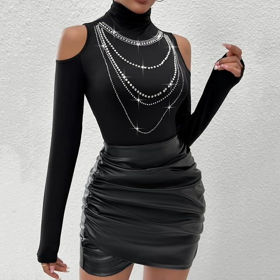 Olyvenn Mock Neck Tops for Women Cold Shoulder Rhinestone Shirts Long Sleeve Sexy Slim Fit Trendy Going Out Casual T-Shirts Black M